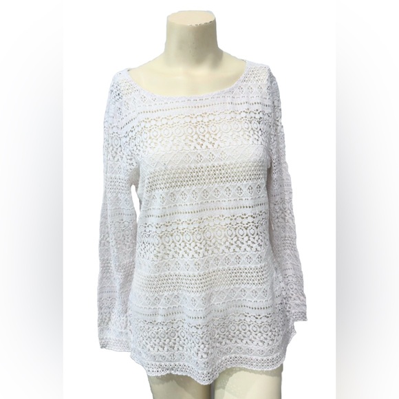 GRAY Saks Fifth Avenue Eyelet Crochet Lace Top Women’s S White 3/4 Sleeve - Picture 1 of 7